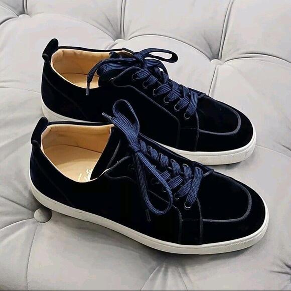 Christian Louboutin Navy Blue Velvet Lace Up Sneaker Flats Mens Shoes 42 9 - Picture 3 of 15